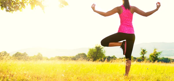Mulher atlética jovem praticando ioga em um prado ao pôr-do-sol, imagem com chama de lente — Fotografia de Stock