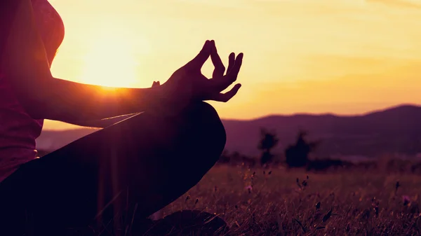 Atletische jongedame beoefenen van yoga op een weide bij zonsondergang, silhouet — Stockfoto