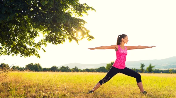Atletische jongedame beoefenen van yoga op een weide bij zonsondergang, beeld met lens flare — Stockfoto