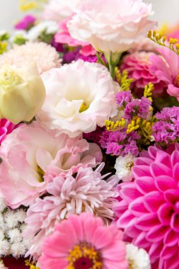 Yaz buketi. Güzel pembe yıldız çiçekleri, lisianthus ve zinya çiçekleri. Doğum günü ya da düğün buketi yaz çiçeklerinden yapılmıştır..