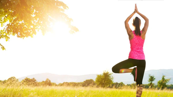 Pratik Yoga bir çayır mercek parlaması ile günbatımı, görüntü üzerinde genç atletik kadın — Stok fotoğraf