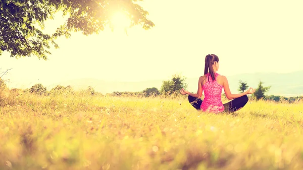 Atletische jongedame beoefenen van yoga op een weide bij zonsondergang, beeld met lens flare — Stockfoto