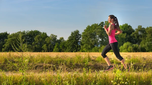 Aantrekkelijke jonge vrouwelijke joggen in platteland — Stockfoto