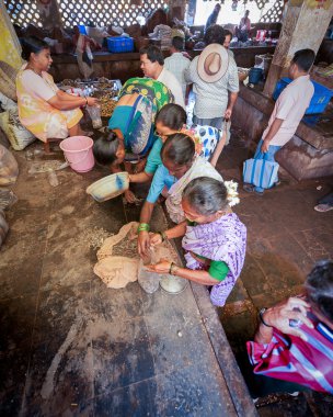 Goa, Hindistan - Şubat 2008 - Mapusa markette alışveriş kadın balık ticaret