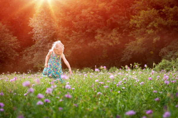 Adorable petite fille blonde s'amusant à jouer en plein air pendant l'après-midi d'été ensoleillé — Photo