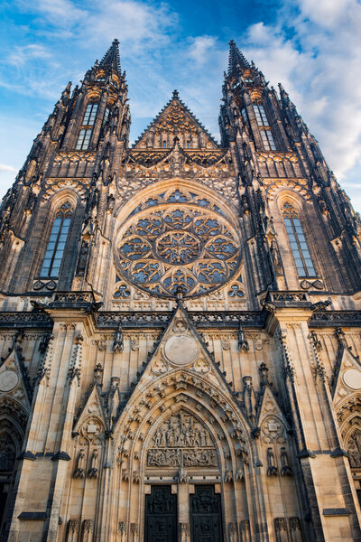 Front view of the main entrance to the St. Vitus cathedral in Prague, Czech Republic