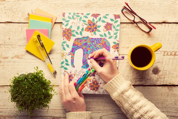 Γυναίκα χρωματισμός ένα βιβλίο ζωγραφικής ενηλίκων, νέα στρες ανακούφιση τάση, χέρι λεπτομέρειες, mindfulness έννοια — Φωτογραφία Αρχείου