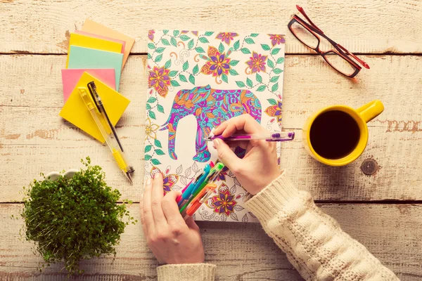 Vrouw kleuren een volwassene kleurboek, nieuwe stress verlichten trend, mindfulness concept, hand detail — Stockfoto