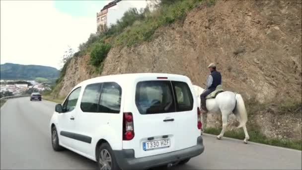 Alora Spanje Februari 2021 Man Wit Paard Drukke Andalusische Weg — Stockvideo