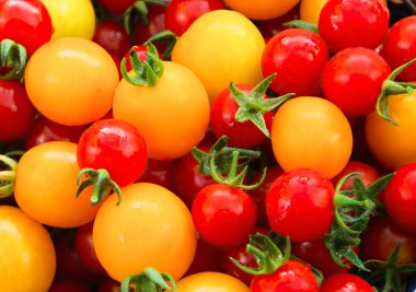 Sarı ve kırmızı kirazlı organik domatesler beyaz arkaplan