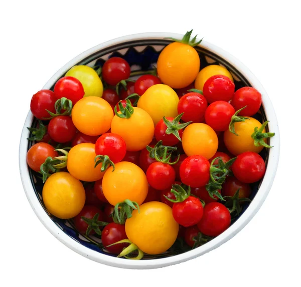 Gula Och Röda Körsbär Ekologiska Tomater Med Vit Bakgrund — Stockfoto