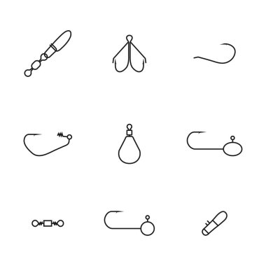 Dönek balık aksesuarları ve ince çizgilerden olta takımı. Çeşitli jig başlıklar, kurşun batanlar, kancalar, kancalar kancalar ve dönüşler, vektör illüstrasyonu.