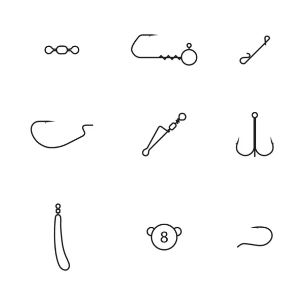 Set of spinning fishing accessories and tackles from thin lines. Various jig heads, lead sinkers, hooks, snaps hooked and swivels, vector illustration. — Stock Illustration Set Spinning Fishing Accessories Tackles Thin Lines Various Jig Heads Stock Vector