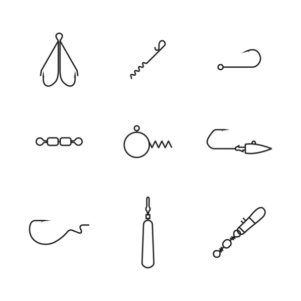 Set of spinning fishing accessories and tackles from thin lines. Various jig heads, lead sinkers, hooks, snaps hooked and swivels, vector illustration. — Stock Illustration Set Spinning Fishing Accessories Tackles Thin Lines Various Jig Heads Stock Illustration