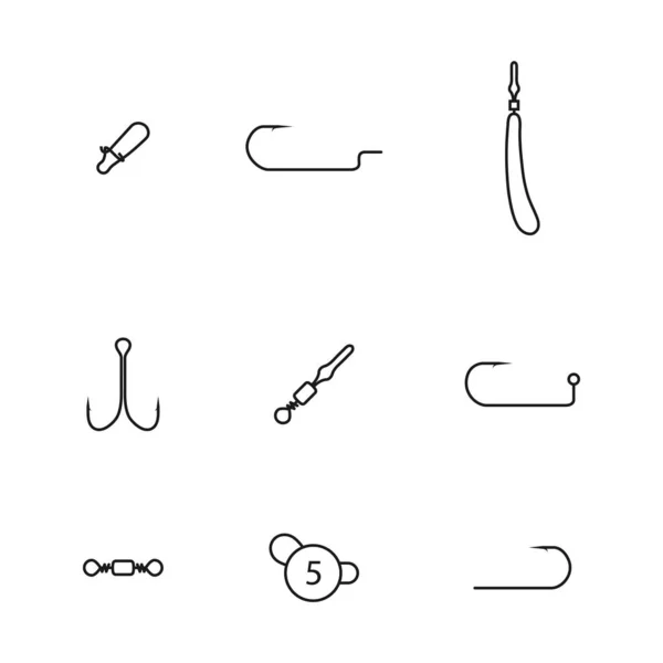 Set of spinning fishing accessories and tackles from thin lines. Various jig heads, lead sinkers, hooks, snaps hooked and swivels, vector illustration. — Stock Illustration Set Spinning Fishing Accessories Tackles Thin Lines Various Jig Heads Royalty Free Stock Vectors