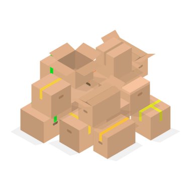 Beyaz arka planda izole edilmiş birkaç karton kutu. Paketleme tasarım elemanları. Düz 3D izometrik biçim, vektör illüstrasyonu.