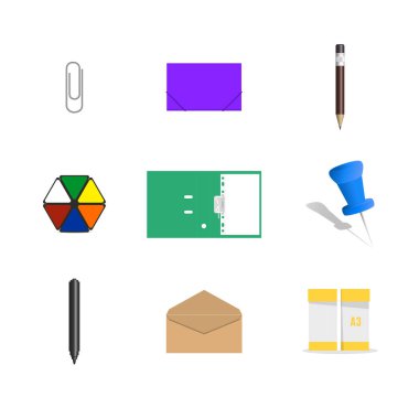 Beyaz arkaplanda izole edilmiş simgeler. Ofis ve okul, vektör illüstrasyonu.
