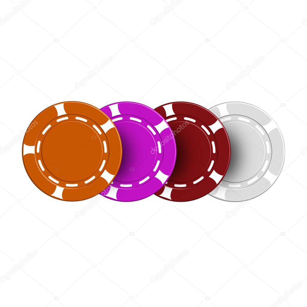Various casino chips, isolated on white background. The color indicates the denomination in dollars. 3D style, vector illustration.