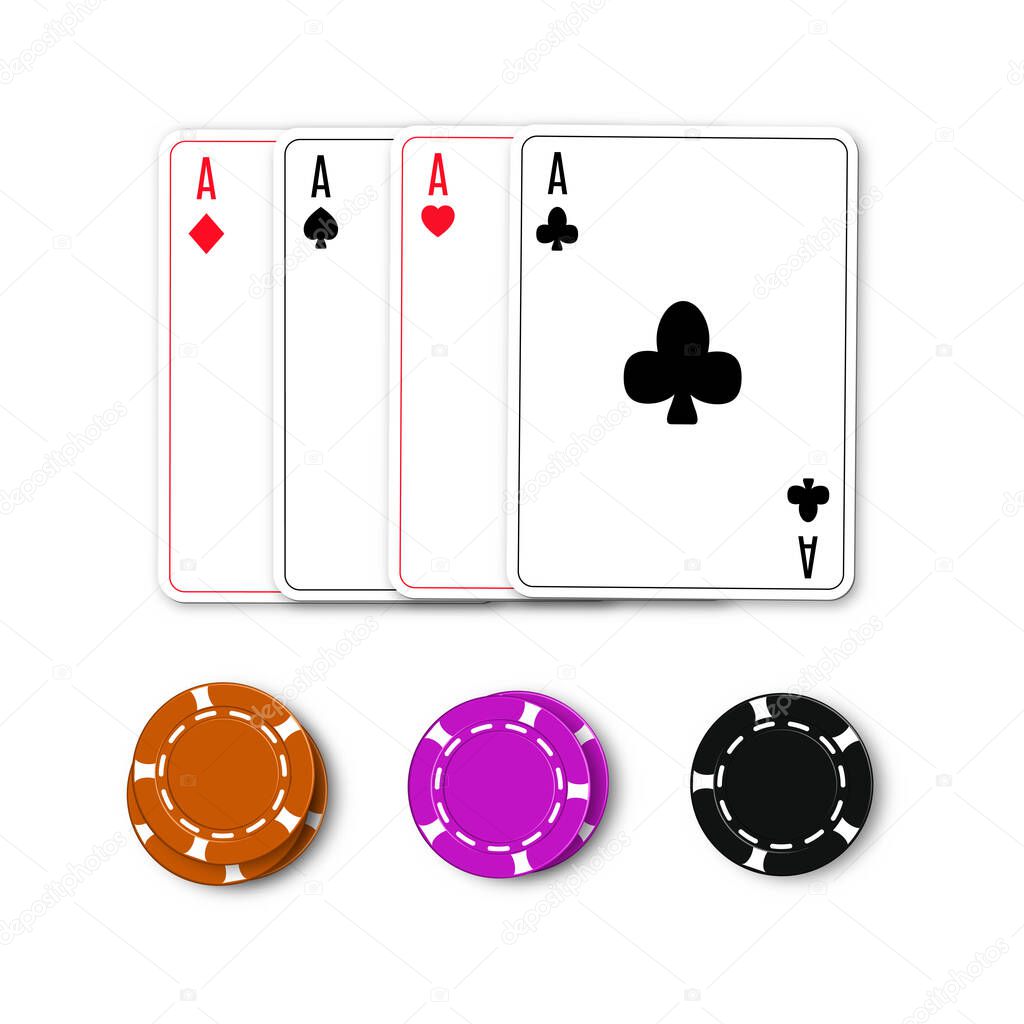 3D Casino chips and playing cards isolated on white background. Top view, vector illustration.