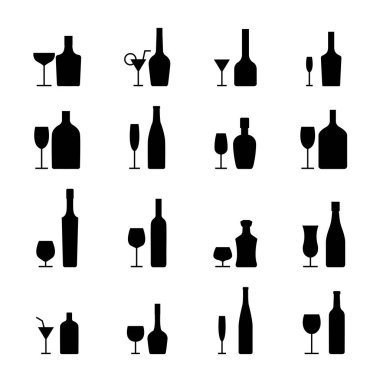 Alkol şişeleri ve bardaklar hazır. Beyaz arkaplanda siyah siluetler, vektör illüstrasyonu.