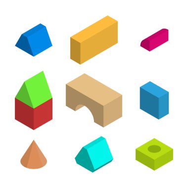 Çoklu renkli çocuk küpleri var. Düz 3d izometrik biçim, vektör illüstrasyonu.