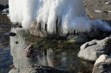 Güzel kış baharı manzarası, Teletskoye Gölü 'nün berrak sularındaki buz saçaklarının yansıması.