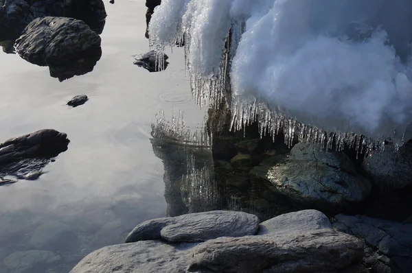 Schöne Winterliche Frühlingslandschaft Spiegelung Von Eiszapfen Klaren Wasser Des Teletskoje — Stockfoto