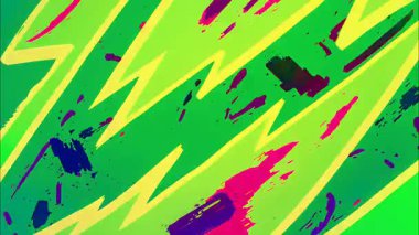 Sarı ve mor boya darbelerine sahip neon yeşil soyut ışık grunge arka plan, el çizimi kaba doku, keskin çizgi roman tarzı şekiller, enerjik diyagonal kompozisyon, canlı animasyon arkaplan