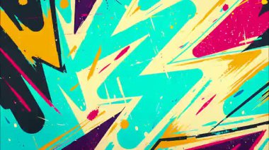 Renkli soyut çizgi film şablonu, gök mavisi sarı pembe boya darbeleri, el çizimi keskin şekiller, grunge sıçrama dokusu, anlamlı çizgi film tarzı arka plan, enerjik diyagonal kompozisyon, canlı sanatsal animasyon yüzey
