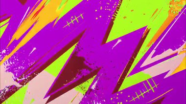 Soyut şimşek şekli grunge arka plan mor yeşil boya darbeleri, el çizimi çizgi film dokusu, kaba sıçrama detayları, enerjik animasyon yüzeyi