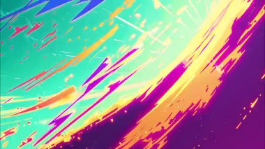 Geniş çapraz darbeler, turkuaz cyan ve ılık turuncu tonlar, el boyası doku, çizgi roman ilham verici fırça hareketi, enerjik sanatsal animasyon