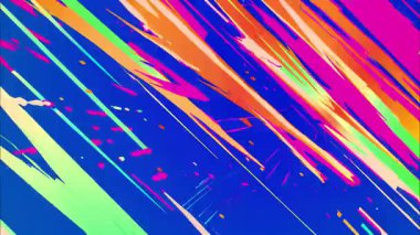 Soyut el çizimi grunge arkaplan dinamik çapraz boya darbeleri, parlak mavi taban, neon pembe sarı aksanlar, komik anime tarzı fırça izleri, enerjik desenli hareket, anlamlı renkli soyut animasyon