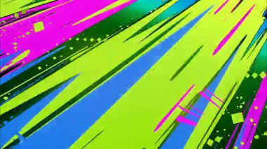 Soyut diyagonal çizgili arka plan, mavi pembe aksanlı yeşil kireç yüzeyi, hızlı boya kesikleri ve grafik çizgileri, enerjik el çizilmiş çizgi film hareketi, canlı mizah tarzı doku, dinamik renkli soyut kompozisyon
