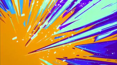 Soyut patlayıcı boya patlaması arka plan, mavi cyan parçalı turuncu radyal enerji patlaması, keskin çizgi roman çizimleri, dinamik el çizimi patlama, yüksek kontrast çizgi film etkisi, kalın grafik soyut hareket dokusu
