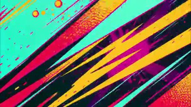 Soyut keskin boya çizgileri, turkuaz sarı çapraz kesikler, yüksek kontrastlı fırça dokusu, sıçrama noktaları, komik stil grunge arkaplan, el çizimi enerjik hareket çizgileri, renkli karikatür soyutlaması