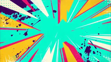 Soyut çizgi roman patlama dokusu arka planı turkuaz merkez patlaması, sarı ve pembe radyal fırça darbeleri, el çizimi anime tarzı enerji ışınları, keskin dinamik çizgiler, boya sıçraması ve anlamlı grunge yüzeyi