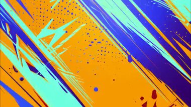 Turuncu mavi ve mor boya darbeleriyle soyut yarım ton fırça dokusu, çizgi roman tarzı noktalar, el çizimi anime deseni ve dinamik grunge yüzeyi