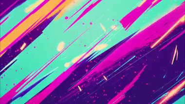 Soyut katmanlı fırça desenli arka plan turkuaz mor ve sarı boya darbeleri, el çizimi komik anime çizgileri, anlamlı grunge yüzeyi ve dinamik desen