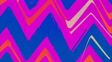 Parlak çizgi film zigzag desenli arka plan, pembe mavi turuncu renkler, el boyalı çizgi roman deseni, şakacı soyut geometrik tasarım, enerjik boyalı yüzey