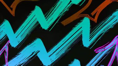 Koyu soyut zigzag fırça arkaplanı, neon mavisi darbeler, el çizimi çizgi film dokusu, siyah yüzeyde kaba boyanmış çizgiler, dramatik grafik arkaplan