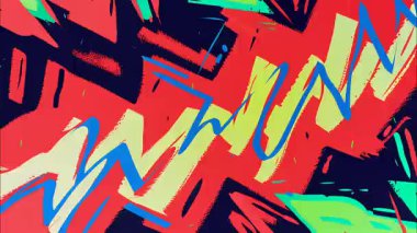 Cesur soyut karikatür zigzag arkaplan, canlı kırmızı turkuaz yeşil renkler, el boyalı çizgi film vuruşları, enerjik kaotik desen, anlamlı grafik desen