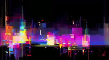 Soyut arıza şehir ışıkları, dikey dijital barlar, renkli pikseller, neon mavisi sarı aksanlar, bozuk veri akımları, fütüristik sinyal bozulması, elektronik gürültü bileşimi, siber punk tarzı görsel parazit.