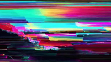 Soyut arıza peyzajı, renkli yatay çarpıtma bantları, dijital gürültü katmanları, neon cyan morumsu sarı gradyan, piksel gerilim etkisi, bozuk sinyal dokusu, analog tarama çizgileri, fütüristik veri lekesi, sinematik sanat panoraması