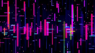Soyut dikey neon çizgiler, renkli dijital çubuklar ritmi, işitsel görsel dalga biçimi biçimi, siber eşitleyici arka plan, gelecekteki veri sütunları, elektronik sinyal bozma dokusu, teknolojik görsel gürültü deseni