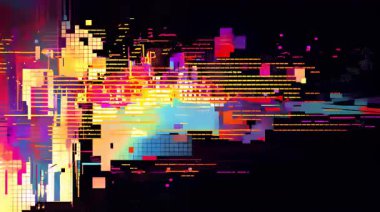 Renkli arıza patlaması neon dijital parçalar, canlı veri patlaması, siber punk paraziti, parlak soyut sinyal bozulması, piksel kaos, fütüristik hata efekti, yüksek kontrast teknoloji arka planı