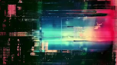 Yatay dijital bantlı renkli arıza dokusu, katmanlı neon eğimleri, soyut sinyal paraziti, hareket çizgileri olan canlı siber çarpıtma arkaplanı