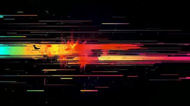 Yatay neon çizgileri, dijital çarpıtma çizgileri, renkli veri gürültüsü, siber parazit dokusu, hızlı hareket tarama çizgileri, fütüristik sinyal kırma etkisi olan soyut arkaplan