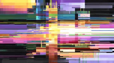 Renkli mozaik arka plan, dijital piksel patlama, yatay bozulma çizgileri, canlı morumsu sarı cyan palet, soyut veri kaosu dokusu, bozuk sinyal paraziti, fütüristik arıza sanat kompozisyonu, dijital gürültü arka plan