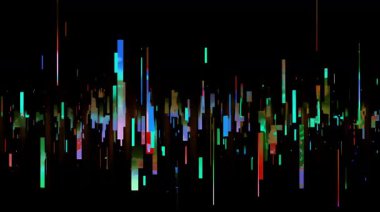 Çoklu renkli ışık çubukları, dijital dengeleyici tarzı, soyut veri sütunları, neon sinyal yükselmeleri, fütüristik ses görselleştirme görünümü, siber teknik müdahale animasyonu ile dikey hata arkaplanı