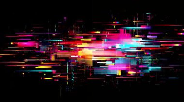 Renkli soyut arıza patlaması, parçalanmış dijital bloklar, kaotik neon pikseller, yüksek enerji patlaması, siber punk çarpıtma etkisi, bozuk sinyal bileşimi, canlı RGB paraziti, fütüristik teknoloji arka plan animasyonu
